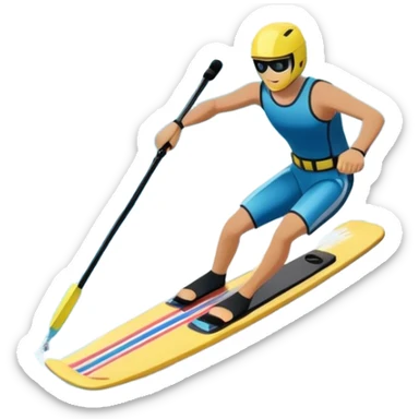 humanless icon showing water skis on the surface of the water, with the skis cutting through the waves, and a distant boat in the background creating a wake. The design highlights the smooth, dynamic motion of water skiing. Transparent background emphasizes the thrill of the sport sticker