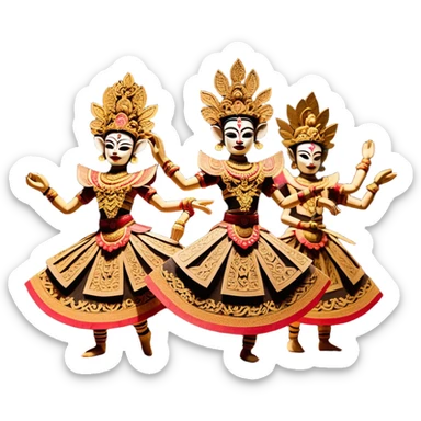 ​Cinematic Realistic Wayang Golek Ayun-ayun Dancers, depicted as intricately carved traditional wooden puppets in dynamic dance poses, adorned with vibrant painted details and expressive features, set against a softly lit stage that evokes centuries of Indonesian cultural heritage, rendered with lifelike textures and dramatic atmospheric lighting, sticker