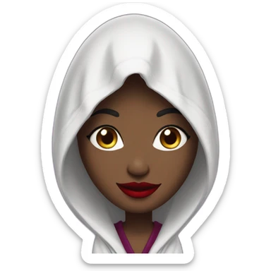 Goddess, purple hodded robe, eyes covered, red lips, wicked grin sticker