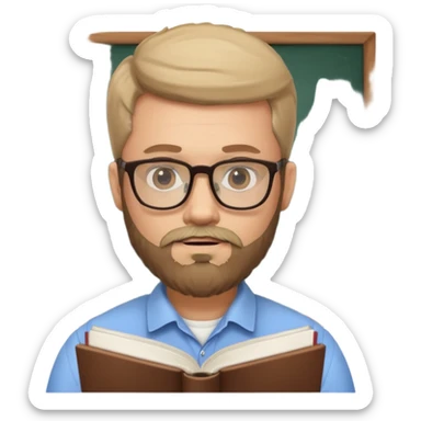 bearded man with glasses studying sticker