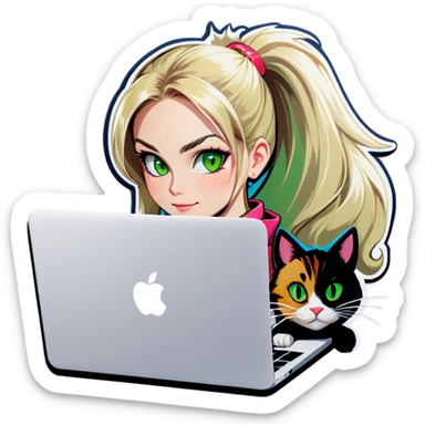 Blonde woman ponytail green eyes with cat and MacBook sticker