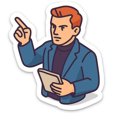 Bold and charismatic male leader, Caucasian, short auburn hair, sharp eyes, wearing indigo coat over black turtleneck, one arm raised giving direction, holding a tablet, waist-up sticker