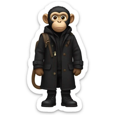 Monkey wearing black wool coat black ugg boots and a black backpack sticker