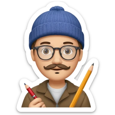A creative young man with a pencil, glasses and a beanie. He holds a pen in his hand. He has a slight moustache and bit of a beard sticker