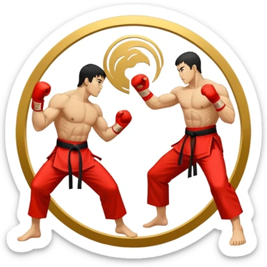 Round emblem symbolizing striking martial arts. The emblem features two fighters in dynamic stances, one delivering a powerful punch while the other defends with a block. In the center, a stylized fist and foot crossed to represent the essence of striking.  sticker