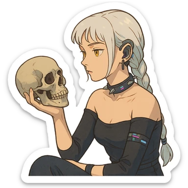 she is holding a skull, pondering as in shakespeare, a closeup portrait of young woman with gold yellow eyes, white hair, long braid, black off-shoulder top d-cup, punk gothic style, futuristic cyberwave cyberpunk, sitting position sticker