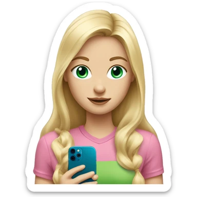 Long blond hair girl with blue eyes and pink shirt holding an iPhone 12 green sticker