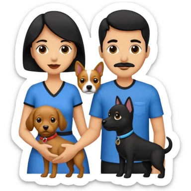 Pareja hombre y mujer, pelo negro ambos, y con dos perritos pincher en sus brazos sticker