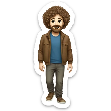 A caucasian man with super thick curly hair and curly beard walking on his toes. He’s an autistic toe walker. Make his outfit super old and granola type, he’s only 24 but dresses like he’s 60 sticker