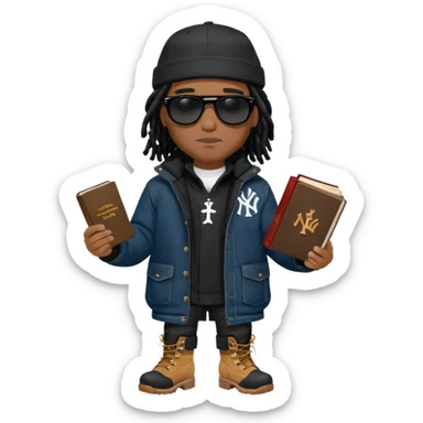 African American man with shoulder length black dreadlocks and black sunglasses wearing a black New York Yankees baseball hat with a North Face brand bubble winter coat with denim skinny jeans and timberland boots walk holding a holy bible sticker