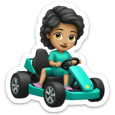 Girl with dark brown hair, on a teal go kart sticker