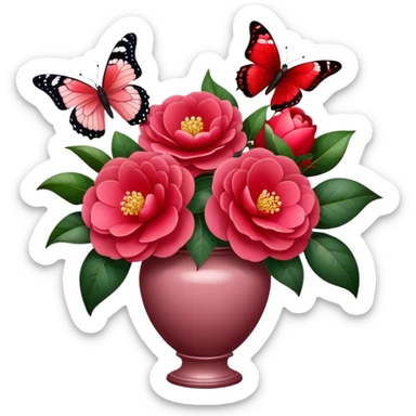 Majestic butterfly with Cherry Red and Dark Garnet wings fluttering above a Lush Red bouquet of Camellias in a Romantic Dusty Pink vase, with subtle golden light enhancing the scene. sticker