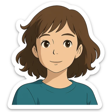 ghibli style portrait of an Asian girl with medium brown wavy hair and brown eyes sticker