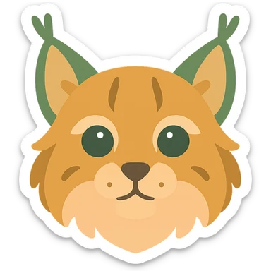A cute and soft lynx face with big, expressive eyes, designed in a warm and magical color palette: golden orange (FA9B41), forest green (4A7C5C), muted taupe brown (96775A), and pastel peach (FFCC9A). The lynx’s fur is fluffy and soft, with a mix of warm browns and golden highlights. Its ears are tipped with tufts of fur in greenish tones, and its cheeks are gently rounded with subtle peach accents. The eyes are bright and curious, surrounded by soft fur in the warm color palette. The overall look is adorable, serene, and enchanting, evoking a gentle, woodland atmosphere. sticker