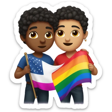 gay fat mexican boy with low taper fade hair cut kissing another gay mexican boy with long curly hair french style while holding pride flag sticker