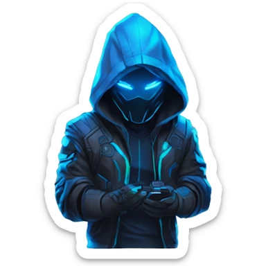 developer behind his laptop with this style : crysis Cyberpunk Riot Games Valorant neon glowing bright blue character blue black hooded assassin themed character sticker