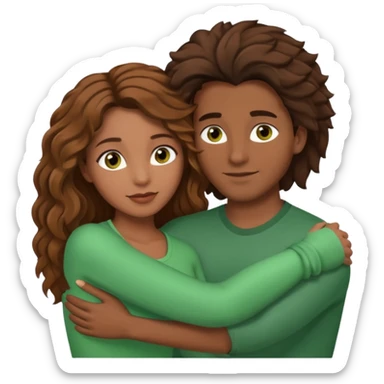 Couple embracing with arms around each other; black woman with brown eyes, lush hair. the white man with brown hair and green eyes sticker