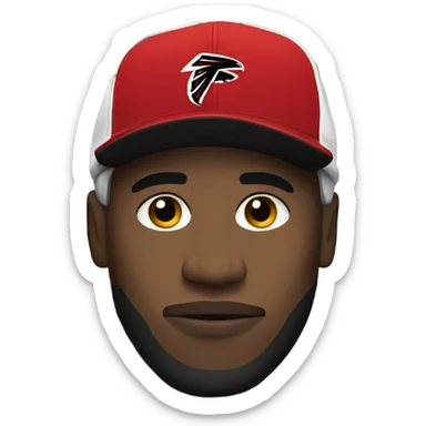 Black man wearing a hat with the NFL falcons logo on it and also wearing the nfl falcons jersey sticker