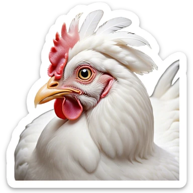 Cinematic Noble White Chicken Portrait Emoji, Poised and regal, with a compact, sturdy build and a pristine, well-groomed pure white plumage, deep-set soulful beady eyes, Simplified yet sharp and sophisticated features, highly detailed, glowing with a soft, dignified glow, high shine, intelligent and alert, stylized with an air of barnyard elegance, focused and attentive, soft glowing outline, capturing the essence of a watchful and confident fowl, so majestic it feels as though it could strut out of the screen with effortless authority! sticker