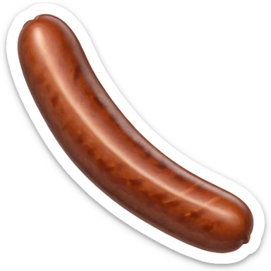 single dark plump sausage with smooth glossy casing gently twisted ends no plate or extras soft lighting subtle shadows emoji scale sticker