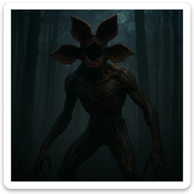A Demogorgon in a dark, misty forest, inspired by Stranger Things, dramatic style, cinematic lighting, eerie atmosphere sticker
