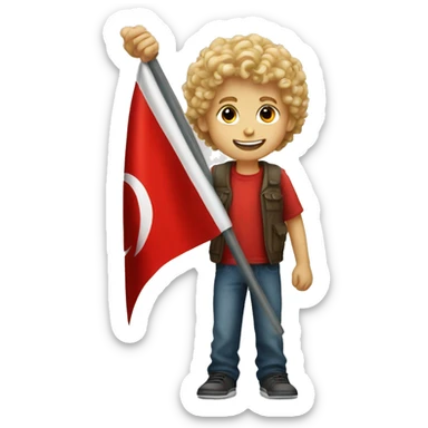 Curly blond boy holding a Turkish flag sticker