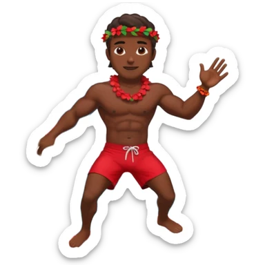 Dark muscular surfer in big wave wearing red shorts and head lei sticker