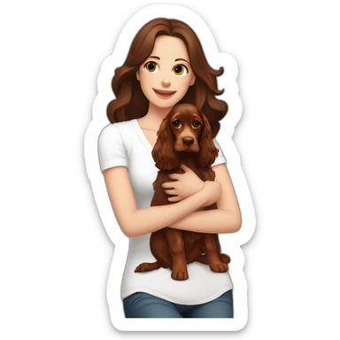 dark brown hair woman in white singlet sitting red english cocker spaniel on her lap sticker