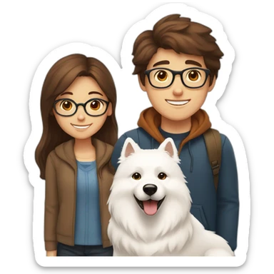 girl with half long brown hair, a boy with short brown hair and glasses, and a happy samoyed sticker
