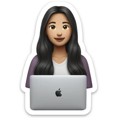 A asian girl wearing airpods max and looking at a macbook wavy long hair white skin sticker