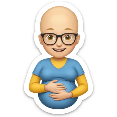 pregnant nerd emoji, yellow skin, buck teeth, bald, glasses, smiling, holding belly sticker