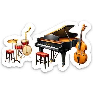 inside a jazz club, bar, stage, and jazz instruments, warm lighting sticker