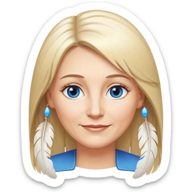 50 yr old white woman, feather bangs, very long straight blond hair, oval face, small smile, blue eyes, thin face, hair downback, hair parted at center of head, round cheeks, pale, longer hair sticker