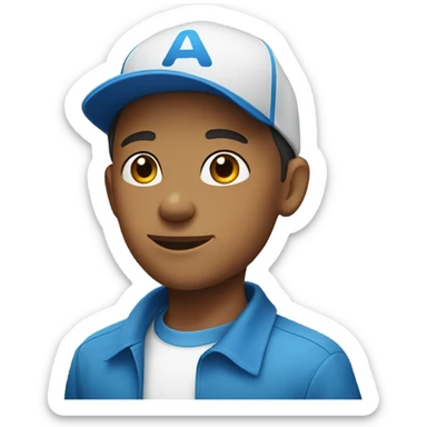 a white 12 year old boy with a blue shirt and blue cap sticker