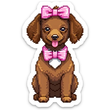 cute brown poodle with a pink bow on its head and tail, tongue sticking out, and a pink collar sticker