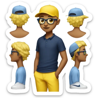 15 year old boy growing yellow hair & yellow eyebrows, wearing polo navy blue t shirt, yellow cap, rayban glasses, light blue pants, black nike gaming shoes, headphones, apple watch & holding iPhone sticker