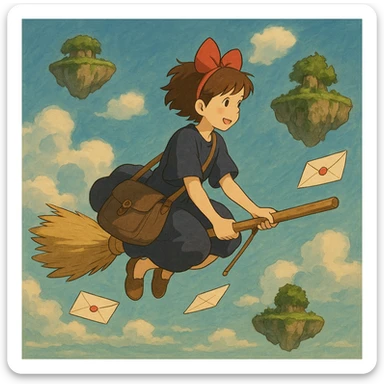 A mail carrier girl on a broomstick delivering letters to flying islands.

 sticker