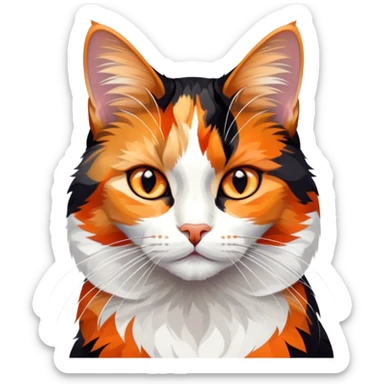 cinematic-noble-calico-cat-portrait-emoji,-poised-and-regal,-with-a-striking-patchwork-fur-in-vibrant-orange,-black,-and-white-hues premoninantly black,-delicate-whiskers-and-a-refined,-relaxed-gaze,-simplified-yet-exquisitely-detailed,-glowing sticker