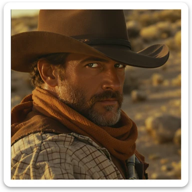 Cinematic , documentary photography, top angle medium shot, cowboy look eye brave, hard light golden hour, desert arizona, shot on arri alexa, 80s movie sticker