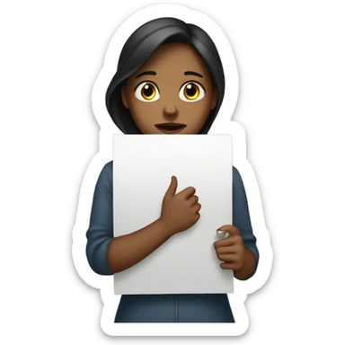 A girl holding up a sorry sign sticker