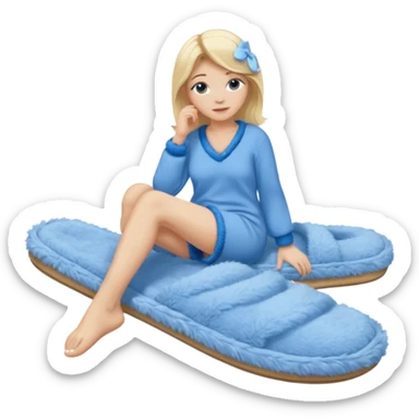blonde woman wearing comfy lounging outfit, blue fuzzy slippers on her bare feet sticker
