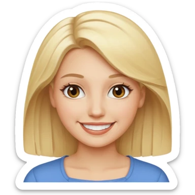 A woman has blonde hair with a smile sticker