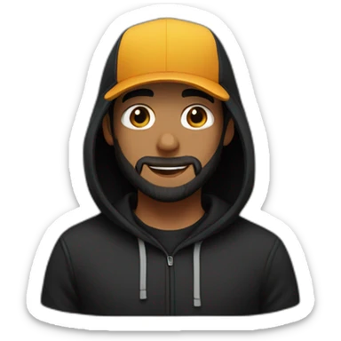A guy wearing a black hoodie and a black cap He has a beard sticker