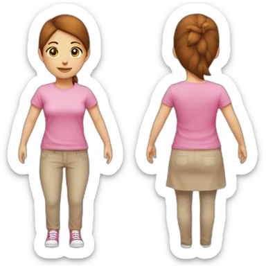 Meisje met lang bruin haar zonder krullen die een lange roze rok draagt met een wit t-shirt sticker