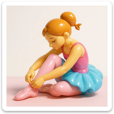 ballerina capuccina, sitting on stage, adjusting slippers, relaxed yet elegant, soft pastel colors, thoughtful mood sticker