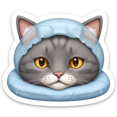 sad cat lying in bed, with ice pack on head sticker