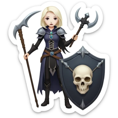 Necromancer girl with scythe and shield, in front of a dead mage sticker