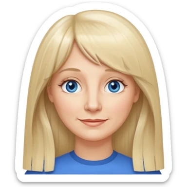 50 yr old white woman, curtain bangs, very long straight blond hair, oval face, small smile, blue eyes, thin face, hair down to elbows, round cheeks, pale sticker