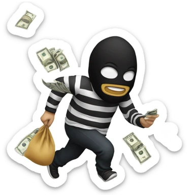 Robber running away with striped shirt and black mask, holding a money bag with some slips behind of cash sticker