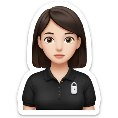 Girl with dark brown hair with airpods wearing a black wegmans grocery store polo sticker